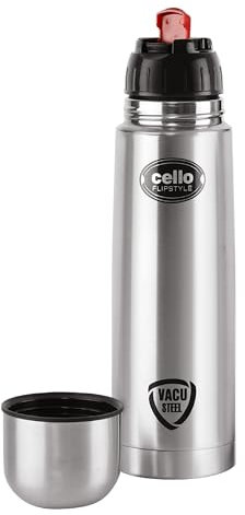 Cello Flipstyle Stainless Steel Vacuum Insulated Flask with Flip Lid | Leak Proof | Double Walled Silver Bottle for Home, Office, Travel (34oz, Silver)