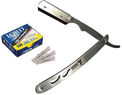 Classic Samurai CS-102 Stainless Steel Professional Barber Straight Edge Razor with 100 Lord Single Edge Razor Blades (Silver Metal)