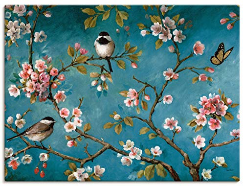 ARTLAND Wanddeko Leinwand Bilder Wandbild 120x90 cm Kirschblüten Botanik Blumen Blüten Vögel Shabby Chic Malerei Kunst K7LY