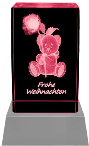 Kaltner Präsente Stimmungslicht – Ein ganz besonderes Geschenk: LED Kerze/Kristall Glasblock / 3D-Laser-Gravur Teddy mit Rose, Weihnachtsbeleuchtung, LED Weihnachtsdeko Innen/Frohe Weihnachten