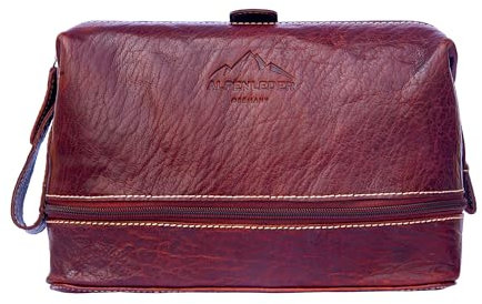 Alpenleder Kulturbeutel - LAGO DI COMO (Handgefertigt) - Nachhaltiges Bio-Leder aus regionaler Landwirtschaft | Kulturtasche Damen & Herren, Kulturbeutel leder *Fair Produziert* (27x18.5x14cm, Brandy)