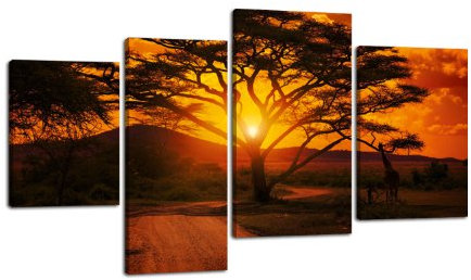 Leinwandbild Afrika Sonnenuntergang LW56 Wandbild, Bild auf Leinwand, 4 Teile, 180x115cm, Kunstdruck Canvas, XXL Bilder, Keilrahmenbild, fertig aufgespannt, Bild, Holzrahmen, Afrika, Giraffe, Abendrot