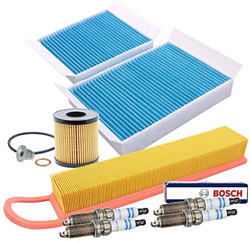 Inspektionspaket SET C 1x Ölfilter 1x Luftfilter 2x Innenraumfilter 4x BOSCH Zündkerze Doppelplatin ZR7SI332S 1x Ölablass-Schraube 1x Dichtring für Ölablass-Schraube
