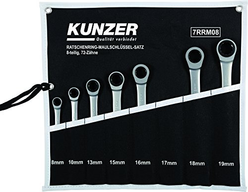 Kunzer 7RRM08 Ratschen-Ringmaulschlüsselsatz 8-teilig - Set aus Stahl - 8-19mm - Ohne Umschalter - mit Roll-Tasche