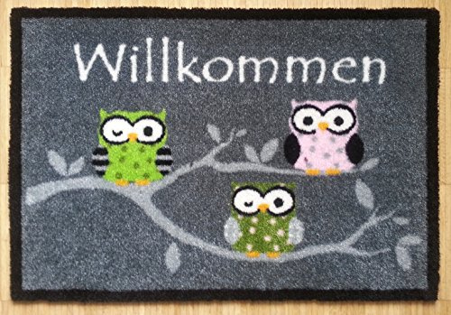 Trendstern Trendprodukteshop Fußmatte Fußabtreter Schmutzmatte Motiv Design Eule OWL (grau-3 Eulen)