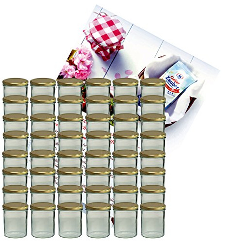 MamboCat 48er Set Sturzglas 350 ml Marmeladenglas Einmachglas Einweckglas to 82 Goldener Deckel incl. Diamant-Zucker Gelierzauber Rezeptheft
