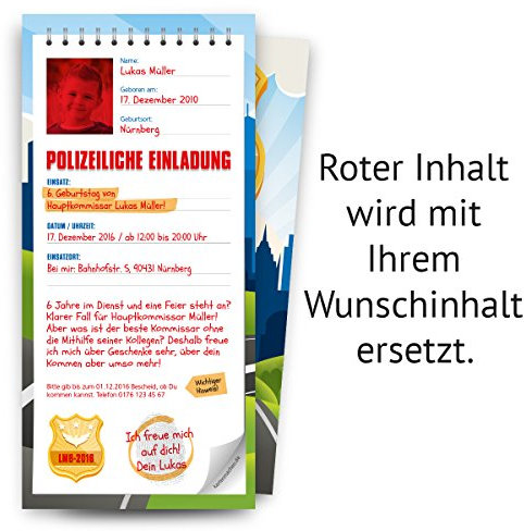 Kartenmachen.de Einladungskarten Kinder (10 Stück) Geburtstag als Polizei Notizblock Vorladung Einladung