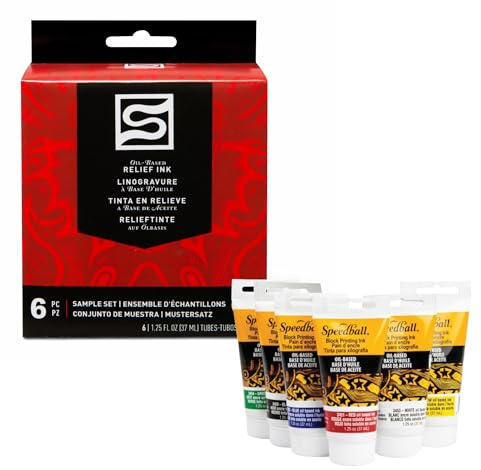 Speedball Oil-Based Block Printing Ink, Starter Set, 6 x 37cc 1.25oz Rich Intense Colours, Permanent, Waterproof, Paper, Textiles, Fabric For Block Printing, Lino Printing, Screen Printing
