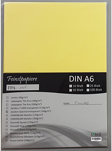 LYSCO® Feinstpapier-Set mit 25 Blatt DIN A6 Transparentpapier Zanders Spectral 100g/m² Farbe gelblich creme transparent exzellente Durchsicht, sehr gute Qualität, mögliche Verwendung: Einladungen, Visitenkarten, Einlegeblätter für Alben, Fotoalben, Gutscheine, Fensterbilder, Bastelarbeiten und vieles mehr