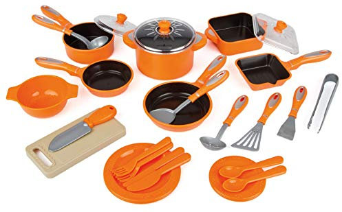 28 TLG Kochtopf Set für Spielküche Töpfe Pfannen Bräter viel Zubehör orange