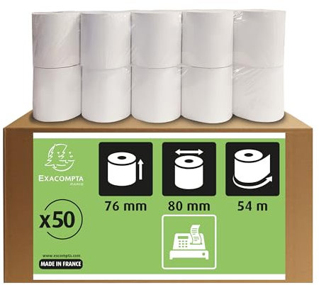 Exacompta 7680120V 50er Pack Kassenrollen, 1-lagig Offset(holzfrei) standard, Breite: 76mm, Länge 54m Durchmesser Kern 12mm, 60g/m², extra-weiß für Kassen Kassenrolle