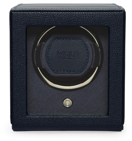 Wolf Cub Single Watch Winder with Glass Cover, Navy - Secure Fit with Patented Lock-in Dynamic Cuff - Accommodates All Wrist Sizes - Vegan Leather - Includes Universal Adapter