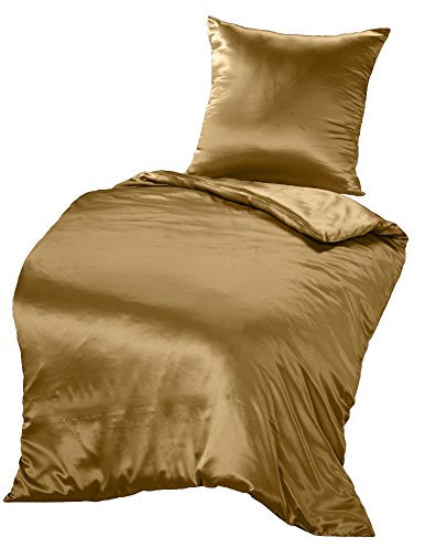 THXSILK Seidenbettwäsche Set 2 teilig, Bettbezug 155x 220 cm und 80 x 80 cm Kissenbezug, Hypoallergen 19 Momme Maulbeerseide Bettwäsche, Ultra Weich und Glatt, Gold