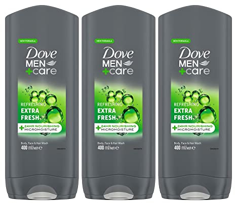 Dove Men+Care Refreshing Extra Fresh 3-in-1 Hair, Face and Body Wash Body Cleanser shower gel with 24 hour nourishing MicroMoisture technology for healthy and smooth skin all day 6x 400 ml