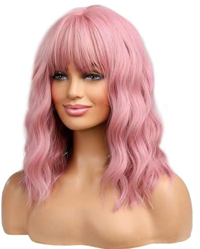 BERON BERON 14 Zoll Damen Mädchen kurze lockige synthetische Perücke mit Air Bangs Lovely Pink, 230 Gramm