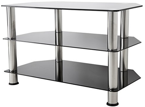 AVF Glass Corner TV Stand - 80cm Wide - Glass And Silver Chrome Metal Legs TV Floor Stand Unit - Gloss Black Safety Glass Shelves - Open Storage - Ideal For Corners - SDC800 (Up to 43 TVs)