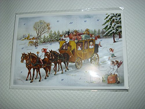 Adventskalender Weihnachtskarte Weihnachten Adventskalenderkarte mit Postkutsche und Engelchen 24 Türchen Karte mit Umschlag weiß 1 Stück