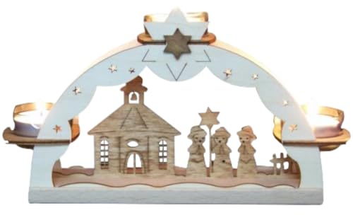 Erzwelt - Teelichtbogen – Teelichthalter – Kurrende & Seiffener Kirche | 14 x 20 x 7 – mit 3 Teelichtgläsern – Fenster- & Tischdeko für Weihnachten – Original Erzgebirge Weihnachtsdeko