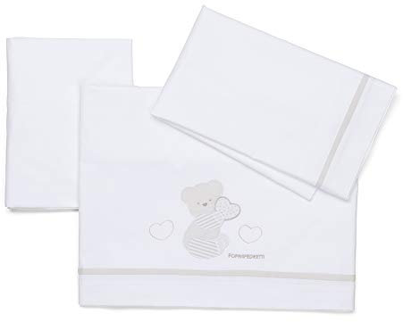 Foppapedretti Completo Lenzuolino Dolcecuore, 100% cotone, Composto da lenzuolo ricamato (120x80 cm), lenzuolino inferiore ad angoli (120x65 cm) e federa (60x40 cm), Bianco