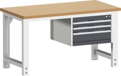 cubio Werkbank mit Hängeschrank, 3 Schubladen, Rotbuche, höhenverstellbar