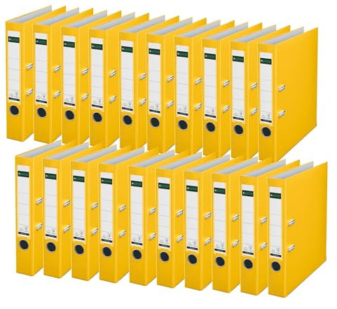 Leitz Qualitäts-Ordner 180° Plastik, 20er Pack, das Original, DIN A4 Aktenordner 5 cm schmal, 90% Recycling-Karton, 30% Pre-Consumer Recycling-Kunststoff, Mit 180° Mechanik, 350 Blatt, Gelb, 10155015