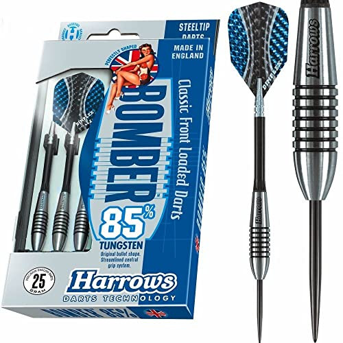 Harrows Bomber Darts-Set mit 85% Wolframstahlspitze, 21 g, 23 g, 25 g und 27 g – inklusive hochwertiger Schäfte, aerodynamischer Flights und Reiseetui
