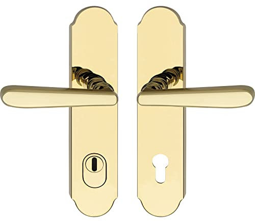 MARCHESI Drückergarnitur Alt-Wien - Türgriffe und Langschild PZ 88 mit Kernziehschutz und Schnellstift RC3, Edelstahl messingfärbig PVD