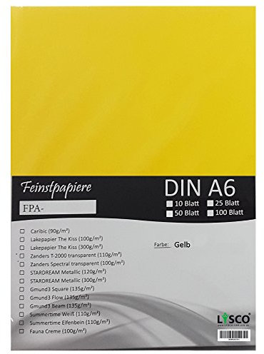 GMUND Transparentpapier DIN A6 Farbe Gelb / LYSCO® Feinstpapierset mit 25 Blatt Inhalt (FPA-120) - bedruckbar, sehr gute Qualität, für Einladungen, als Einlegeblätter für Alben, Fotoalben, Fensterbilder, Bastelarbeiten uvm.