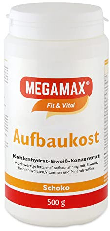 MEGAMAX Aufbaukost Schoko 500g- Ideal zur Kräftigung und bei Untergewicht. Proteinpulver zur Zubereitung eines fettarmen Kohlenhydrat-Eiweiß-Getränkes für Muskelmasse u. Gewichtszunahme