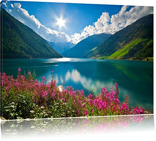 Pixxprint Blumenwiese am Bergsee, Größe: 120x80cm, Leinwandbild, fertig gespannt, Wandbild, Dekoration, Kunstdruck, kein Poster