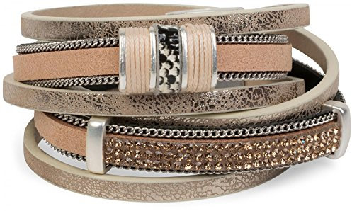 styleBREAKER Vintage Wickelarmband mit Strass, Gliederkette und Magnetverschluss, 3-Reihig, Armband, Damen 05040024, Farbe:Antik-Beige