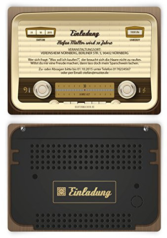 Kartenmachen.de Einladungen (10 Stück) zum Geburtstag als altes Radio Vintage Retro 60er Einladungskarten