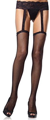 Leg Avenue Women's Plus Size Fishnet Stockings with Attached Garter Belt, Black