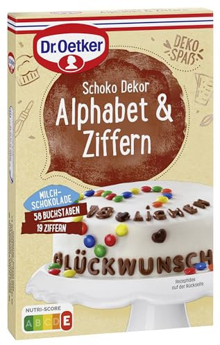 Dr. Oetker Schoko Alphabet u. Ziffern, 58 g, essbare Tortendeko, Schoko ABC zum Verzieren von Kuchen & Torten, Buchstaben und Zahlen aus Milchschokolade