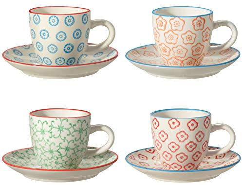 Bloomingville Espressotassen Emma Retro Expresso Tassen mit Untertasse dickwandige C: Ø 6 x H 5,5 cm, S: Ø 11,5 cm, blau orange grün rot, Keramik, 4er Set, fasst ca. 80 ml