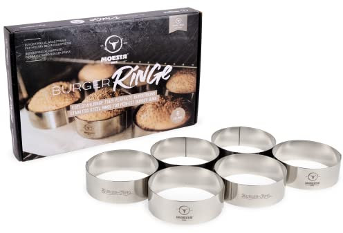 MOESTA-BBQ 10376 Burgerringe - 6er Set aus 100% Edelstahl (Größe XL) - Back-Ring für Burger-Bun-Brötchen - Servierring