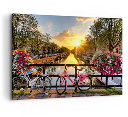 Bilder auf Leinwand 100x70cm Leinwandbild Bikes Kanal Amsterdam Architektur Groß Wanddeko Bild Schlafzimmer Deko Wandbilder Dekoration Wohnzimmer Wall Decor Canvas Wand Kunstdruck Art AA100x70-3081