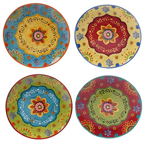 Tunisian Sunset 10.5 Ceramic Dinner Plates, Set of 4 – Multicolor Boho Folk Art Design, Bold Mediterranean-Inspired Tableware for Everyday Dining, Brunch, Parties & Eclectic Décor