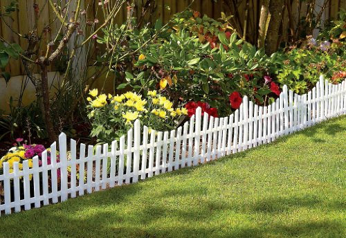 Great Ideas Set of 4 Mini White Garden Picket Fence Panels - Wood Effect Plastic Lawn Edging For Plant Borders And Flowerbeds