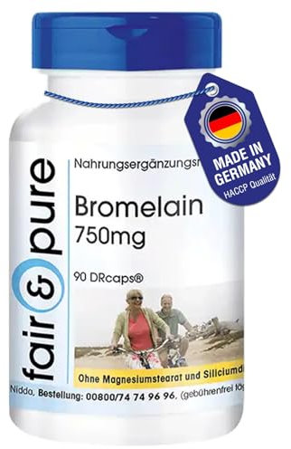 Fair & Pure Bromelain hochdosiert 750mg, 1800 F.I.P, 90 Kapseln, magensaftresistente DRcaps, Nahrungsergänzungsmittel vegan ohne Magnesiumstearat, in Deutschland hergestellt