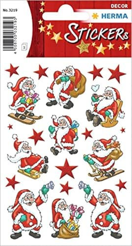 HERMA 3219 Aufkleber Weihnachtsmann klein groß, 63 Stück, Weihnachten Sticker mit Nikolaus Sterne Motiv, Kinder Etiketten für Weihnachtsdeko Geschenke Adventskalender Winter Dekoration DIY Basteln