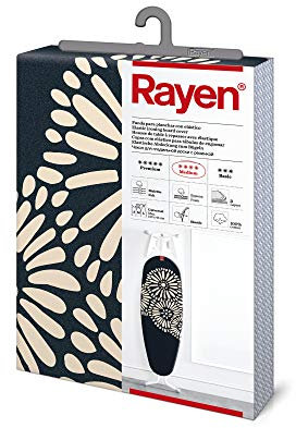 Rayen | Housse pour table à repasser Universelle | 3 épaisseurs: mousse, molleton et tissu 100 % coton | Gamme Medium de Rayen | 127 x 51 cm | Bleu marine Fleur beige