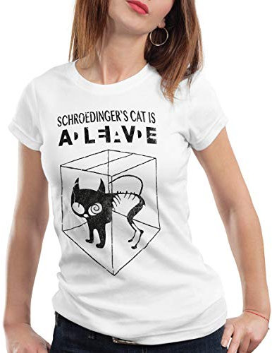 style3 Schroedingers Katze T-Shirt Damen, Farbe:Weiß, Größe:S