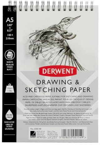 Derwent Sketch Pad A5 Portrait, Drawing & Writing, 30 Sheets, Acid-Free Paper, Wirebound Spine, Professional Quality, 2300140