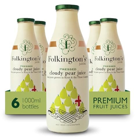 Folkington's Fruit Juice, Cloudy Pear, 6 Large Bottles, Pressed Fruit Juice, Bulk Pack 1 Litre - Pack of 6