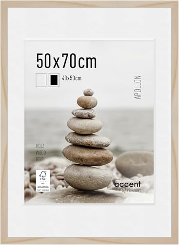 accent by nielsen Holz Bilderrahmen Apollon, 50 x 70 cm, Hellbraun | Holz Posterrahmen mit Passepartout im Hoch- & Querformat zum Aufhängen Hellbraun matt Echtglas