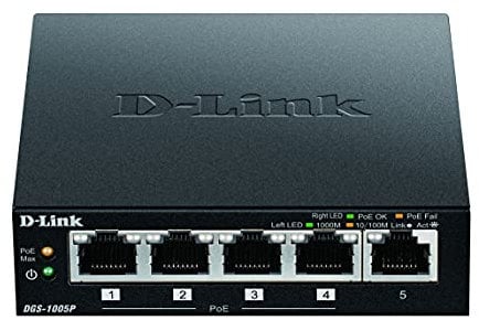 D-Link 5-Port Desktop Gigabit PoE+ Switch, up to 30 W per PoE port, Total power budget of 60 W, Green, Compact and Silent, Plug & Play black DGS-1005P/B