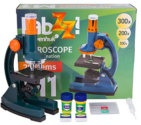 Levenhuk LabZZ M1 Einsteiger-Lernmikroskop für Kinder für Naturwissenschaftliche Anfänger mit Drehbarem Ständer, STEM-Kit, Vorbereiteten Proben und Nützlichen Werkzeugen