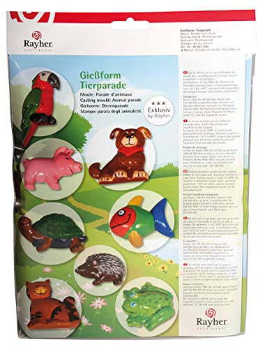 Rayher Gießform Tierparade, Kunststoff, Form 8 verschiedene Tiere, 3,5 – 8,5 cm, lebensmittelecht, frost- und hitzebeständig, gießen Kreativ-Beton, Raysin-Gießpulver, Wachs, Seife, Schokolade, 36005000