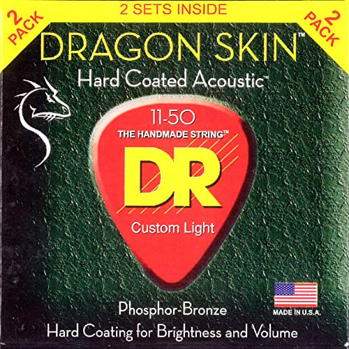 DR Strings DRAGON SKIN™ – Jeu de 2 cordes pour guitare acoustique à revêtement transparent : Custom Light 11-50